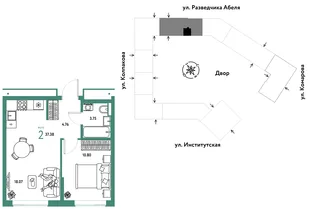 Планировка 2-комн. квартира, 37.38 м² ЖК «Страна.Парковая»