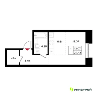 Планировка 1-комн. квартира, 29.43 м² ЖК «Уникум на Энгельса»