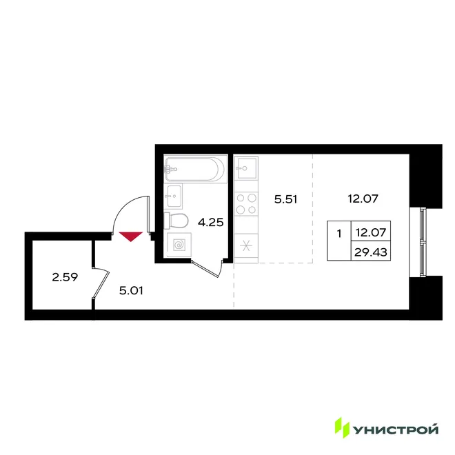 Планировка 1-комн. квартира, 29.43 м² ЖК «Уникум на Энгельса»