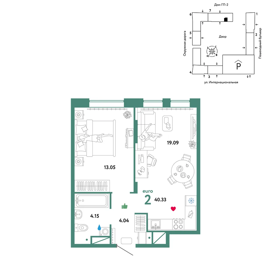 Планировка 2-комн. квартира, 40.33 м² ЖК «Юнион»