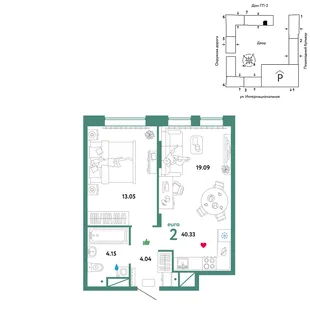 Планировка 2-комн. квартира, 40.33 м² ЖК «Юнион»