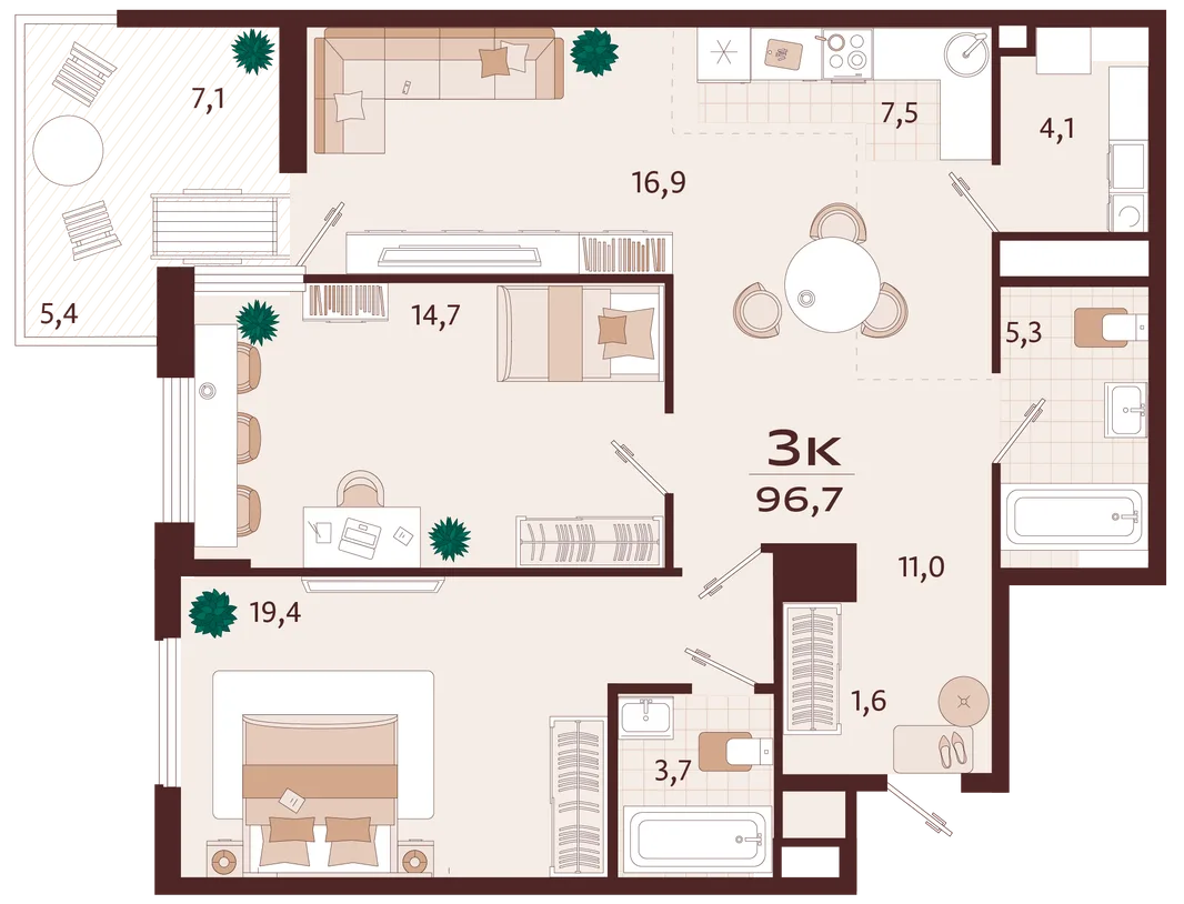 Планировка 3-комн. квартира, 96.7 м² ЖК «Роялта»