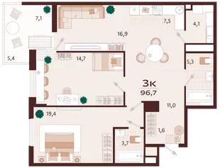 Планировка 3-комн. квартира, 96.7 м² ЖК «Роялта»