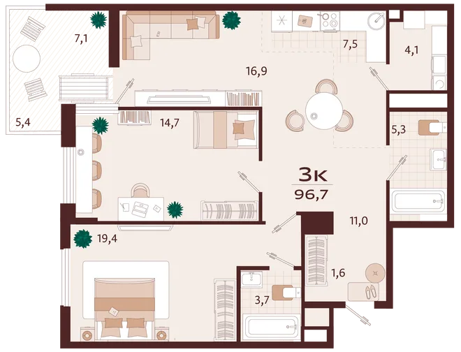 Планировка 3-комн. квартира, 96.7 м² ЖК «Роялта» Планировка 3-комн. квартира, 96.7 м² ЖК «Роялта»