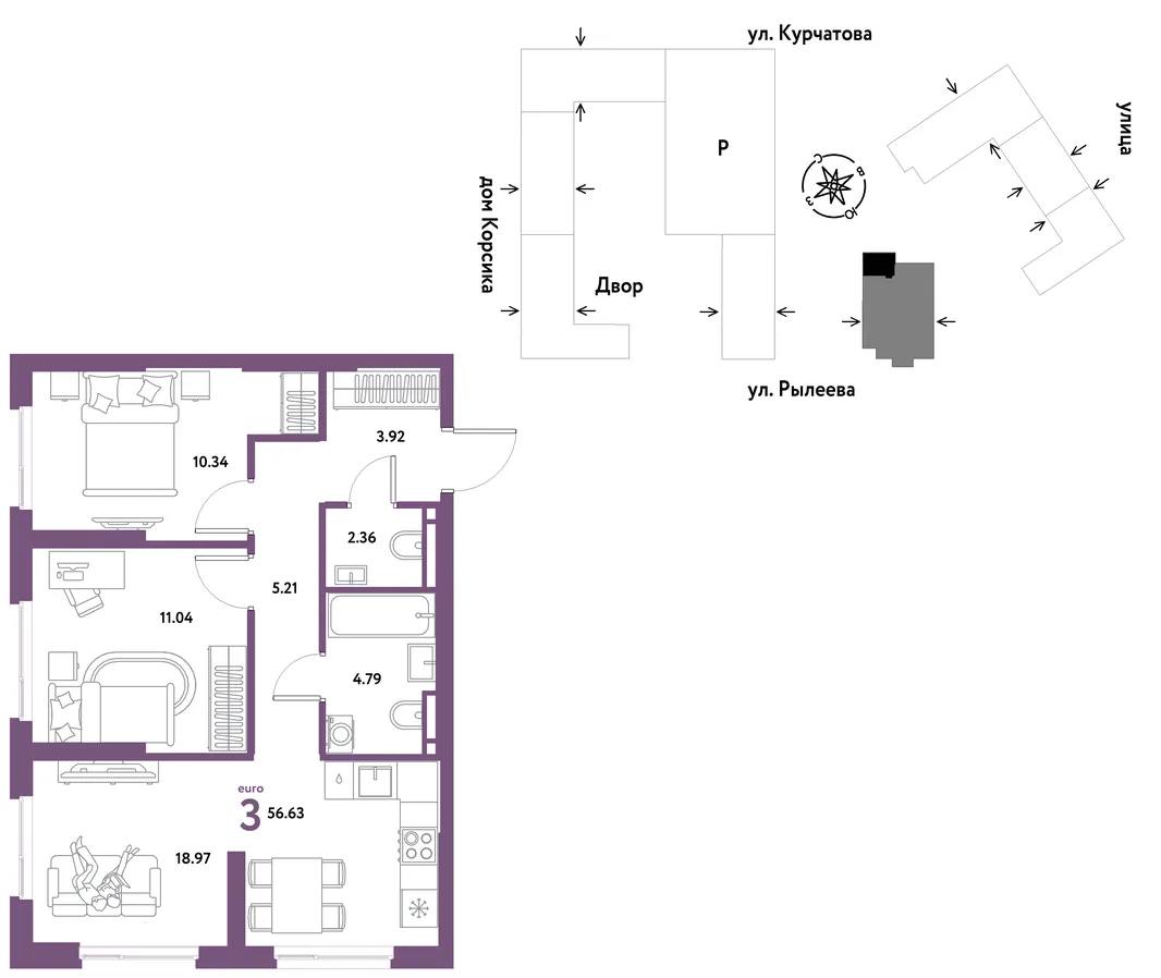 Планировка 3-комн. квартира, 56.63 м² ЖК «Остров-сад»