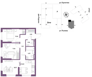 Планировка 3-комн. квартира, 56.63 м² ЖК «Остров-сад»