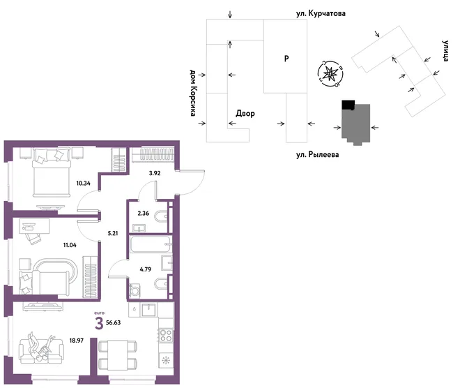 Планировка 3-комн. квартира, 56.63 м² ЖК «Остров-сад» Планировка 3-комн. квартира, 56.63 м² ЖК «Остров-сад»