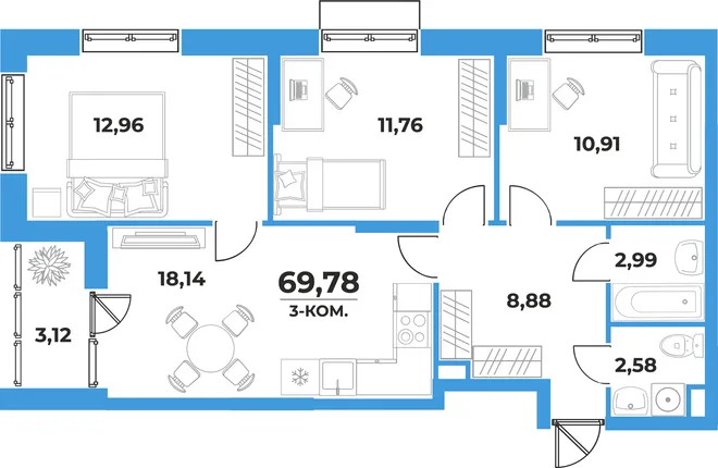 Планировка 3-комн. квартира, 69.78 м² ЖК «На семи холмах» Планировка 3-комн. квартира, 69.78 м² ЖК «На семи холмах»