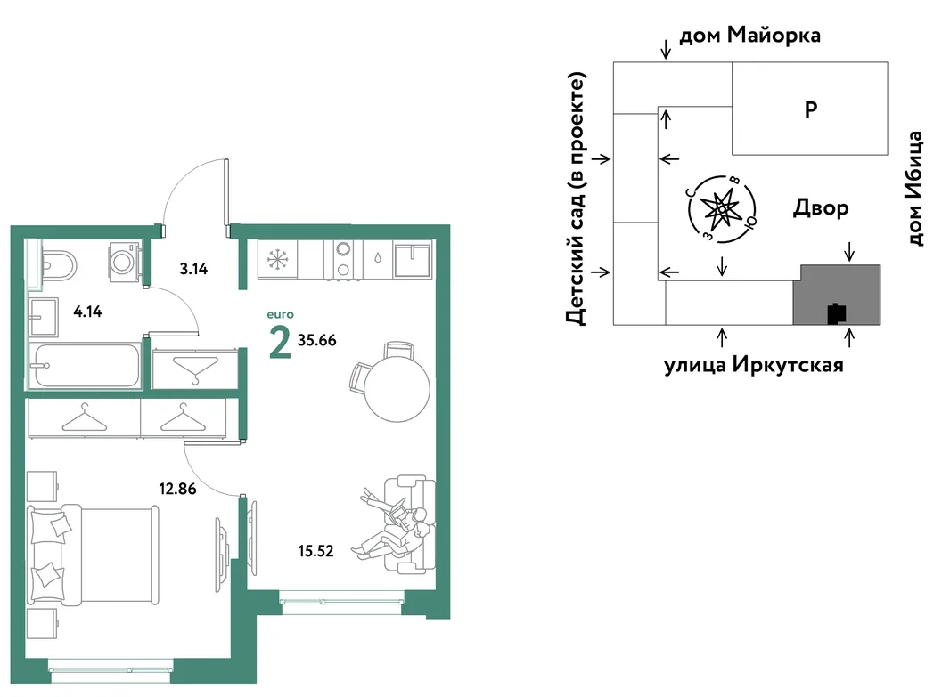 Планировка 2-комн. квартира, 35.66 м² ЖК «Остров-сад»
