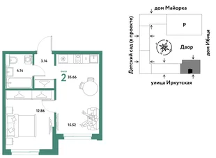 Планировка 2-комн. квартира, 35.66 м² ЖК «Остров-сад»