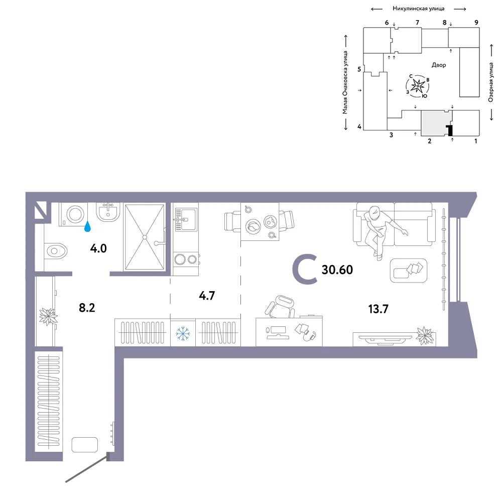 Планировка Студия, 30.6 м² ЖК «Страна.Озёрная»