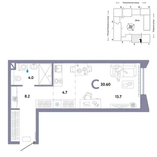 Планировка Студия, 30.6 м² ЖК «Страна.Озёрная»