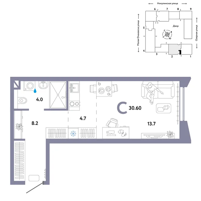 Планировка Студия, 30.6 м² ЖК «Страна.Озёрная» Планировка Студия, 30.6 м² ЖК «Страна.Озёрная»