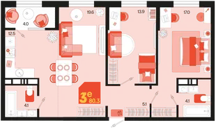 Планировка 3-комн. квартира, 80.3 м² ЖК «Первое место»