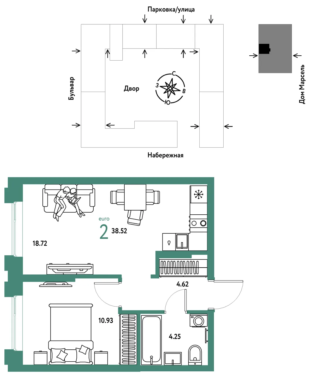 Планировка 2-комн. квартира, 38.52 м² ЖК «Европейский берег 2.0»