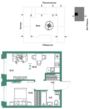 Планировка 2-комн. квартира, 38.52 м² ЖК «Европейский берег 2.0»