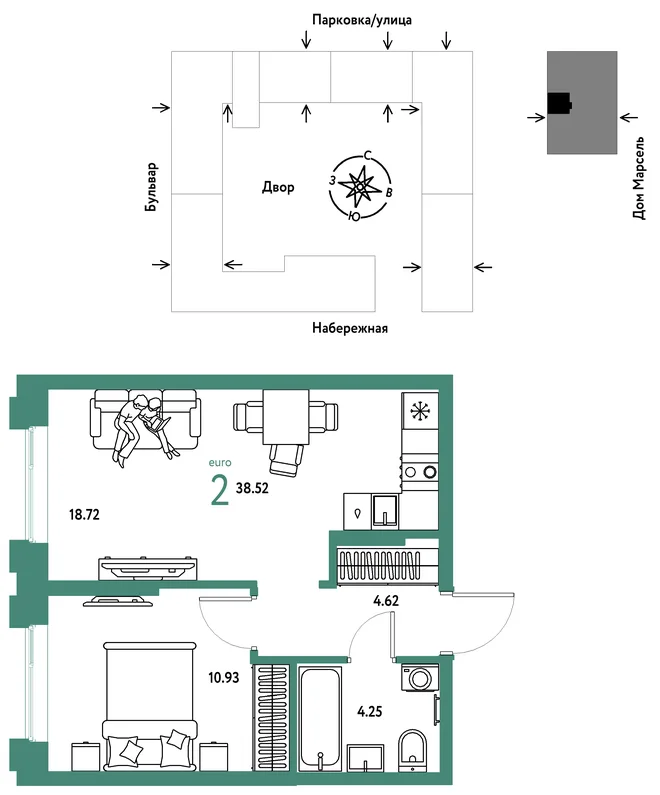 Планировка 2-комн. квартира, 38.52 м² ЖК «Европейский берег 2.0» Планировка 2-комн. квартира, 38.52 м² ЖК «Европейский берег 2.0»