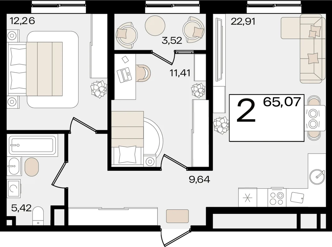 Планировка 2-комн. квартира, 65.07 м² ЖК «Патрики»