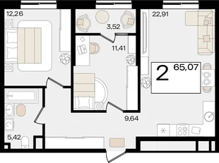 Планировка 2-комн. квартира, 65.07 м² ЖК «Патрики»