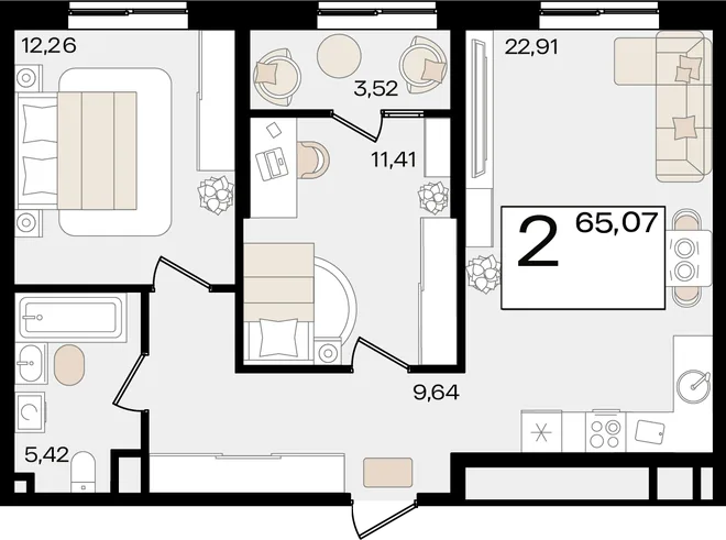 Планировка 2-комн. квартира, 65.07 м² ЖК «Патрики»