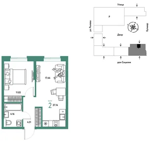 Планировка 2-комн. квартира, 37.14 м² ЖК «Остров-сад»