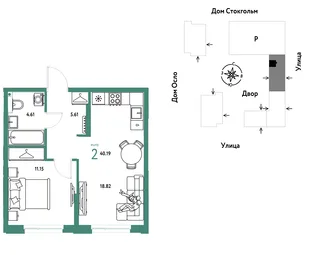 Планировка 2-комн. квартира, 40.19 м² ЖК «Европейский берег 2.0»
