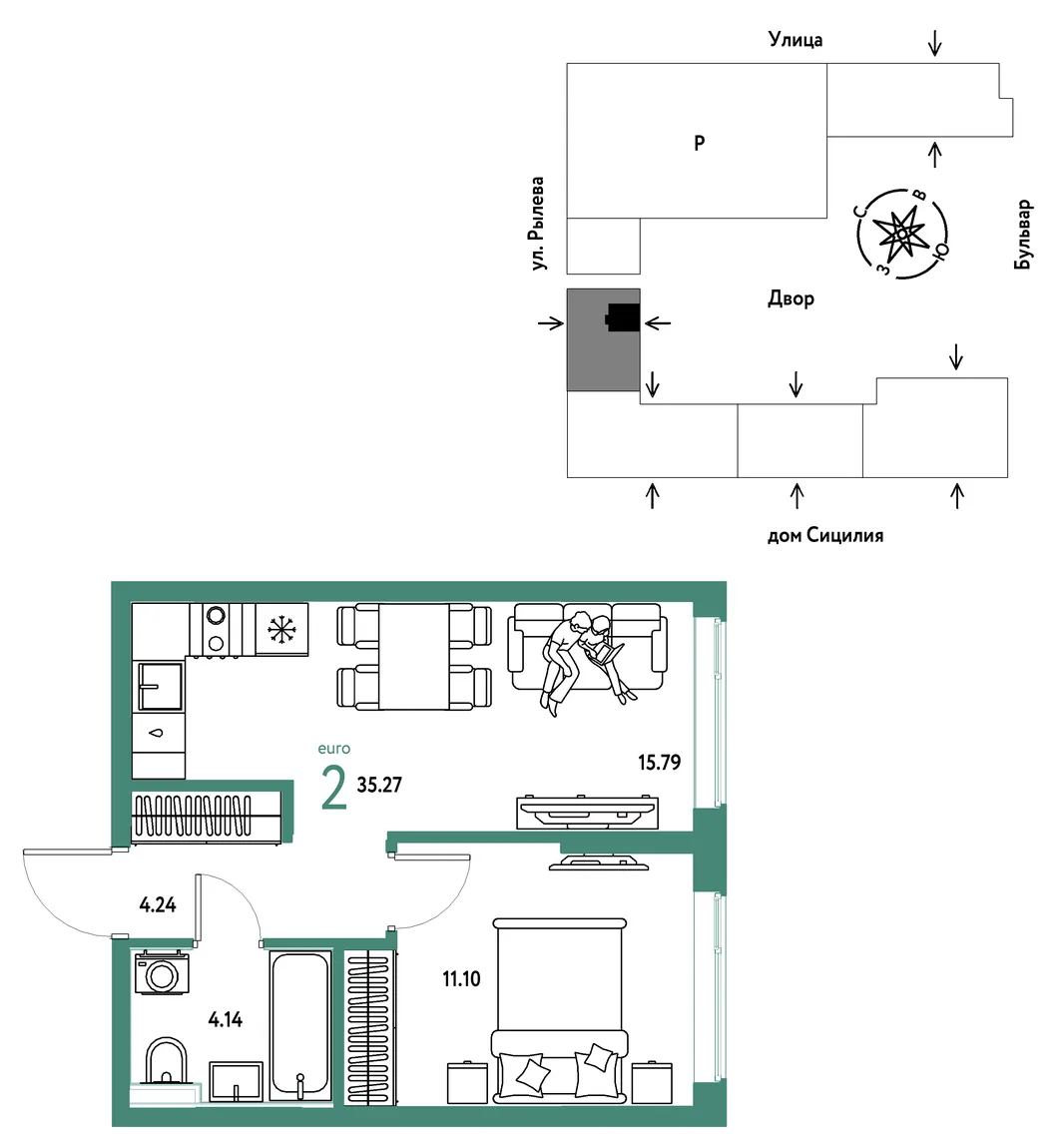 Планировка 2-комн. квартира, 35.27 м² ЖК «Остров-сад»