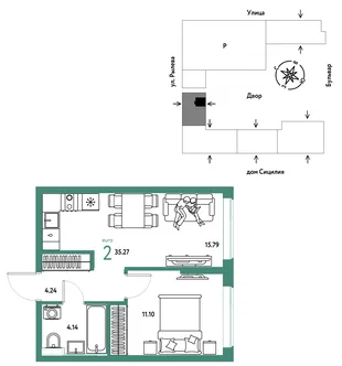 Планировка 2-комн. квартира, 35.27 м² ЖК «Остров-сад»