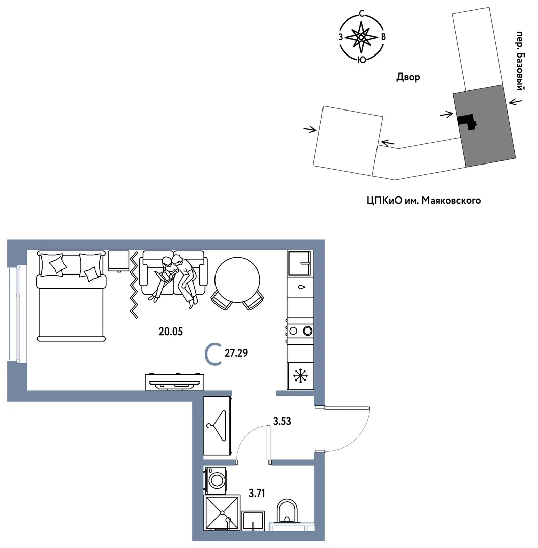 Планировка Студия, 27.29 м² ЖК «Сибирский сад»