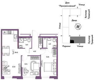 Планировка 3-комн. квартира, 58.63 м² ЖК «Микрорайон Домашний»