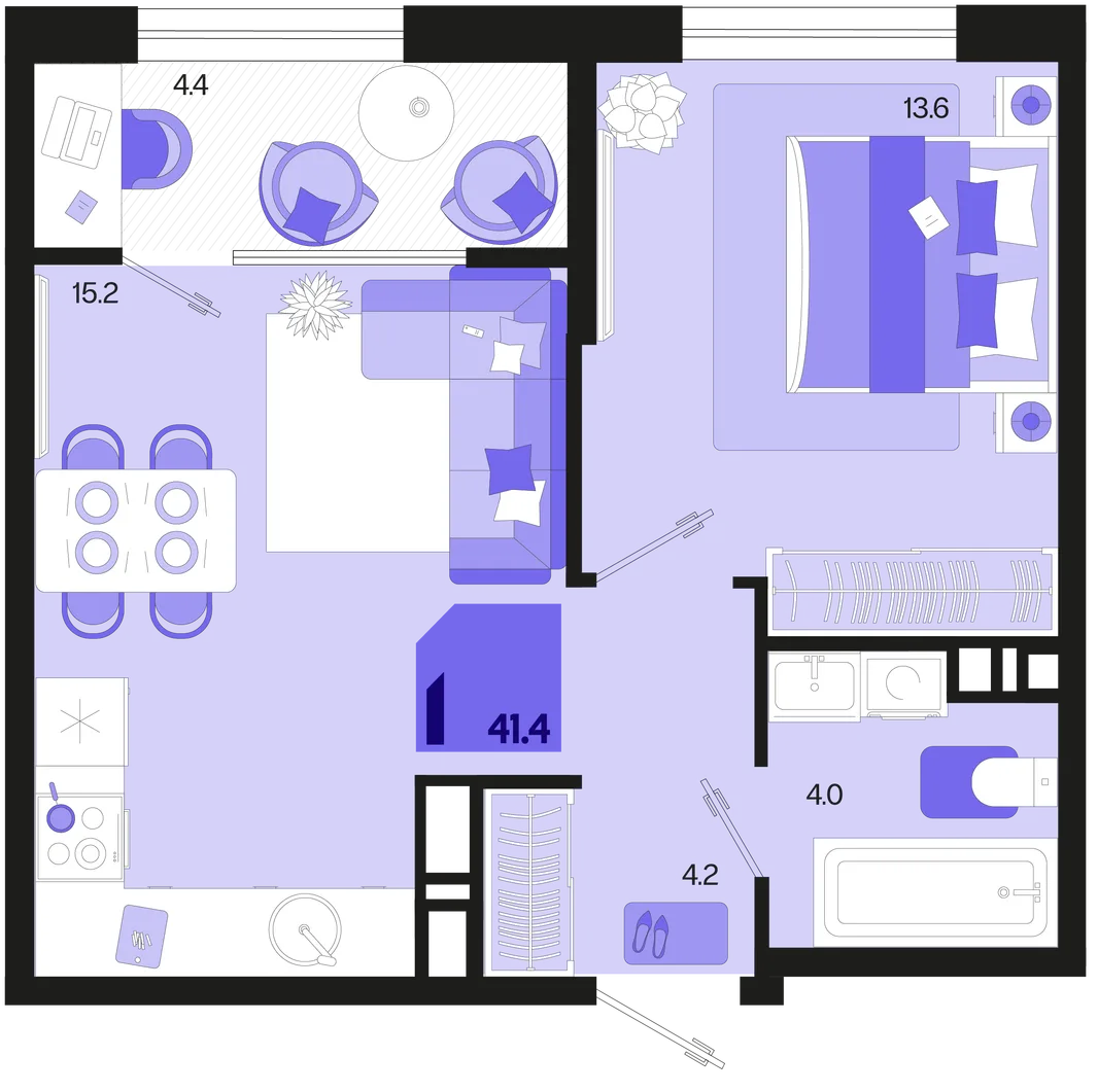Планировка 1-комн. квартира, 41.4 м² ЖК «Первое место»