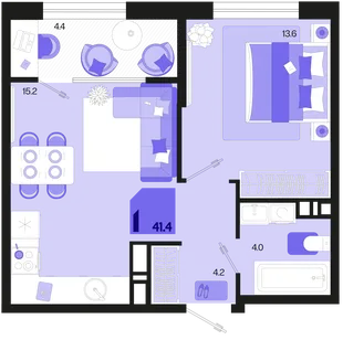 Планировка 1-комн. квартира, 41.4 м² ЖК «Первое место»