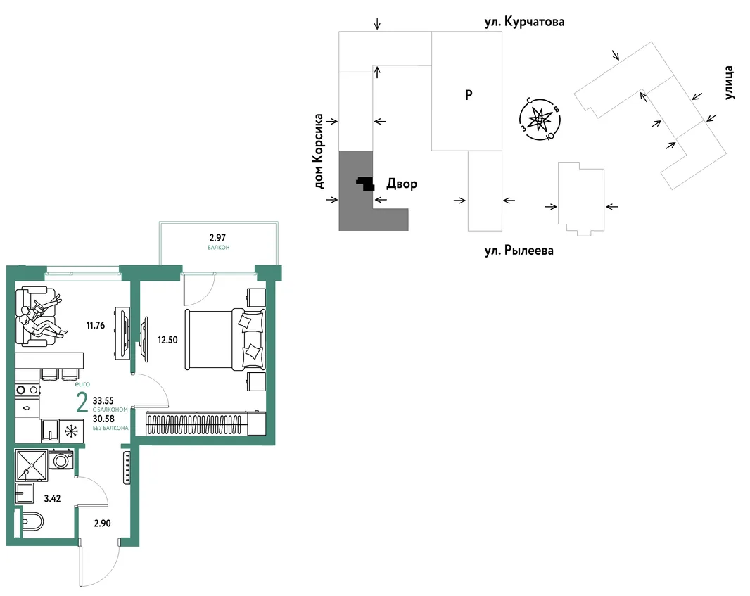 Планировка 2-комн. квартира, 33.55 м² ЖК «Остров-сад»