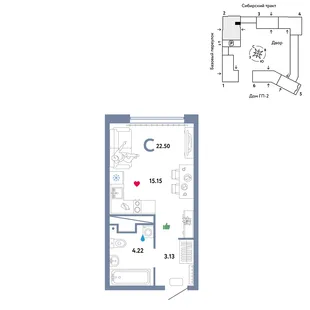 Планировка Студия, 22.5 м² ЖК «Сибирский сад»