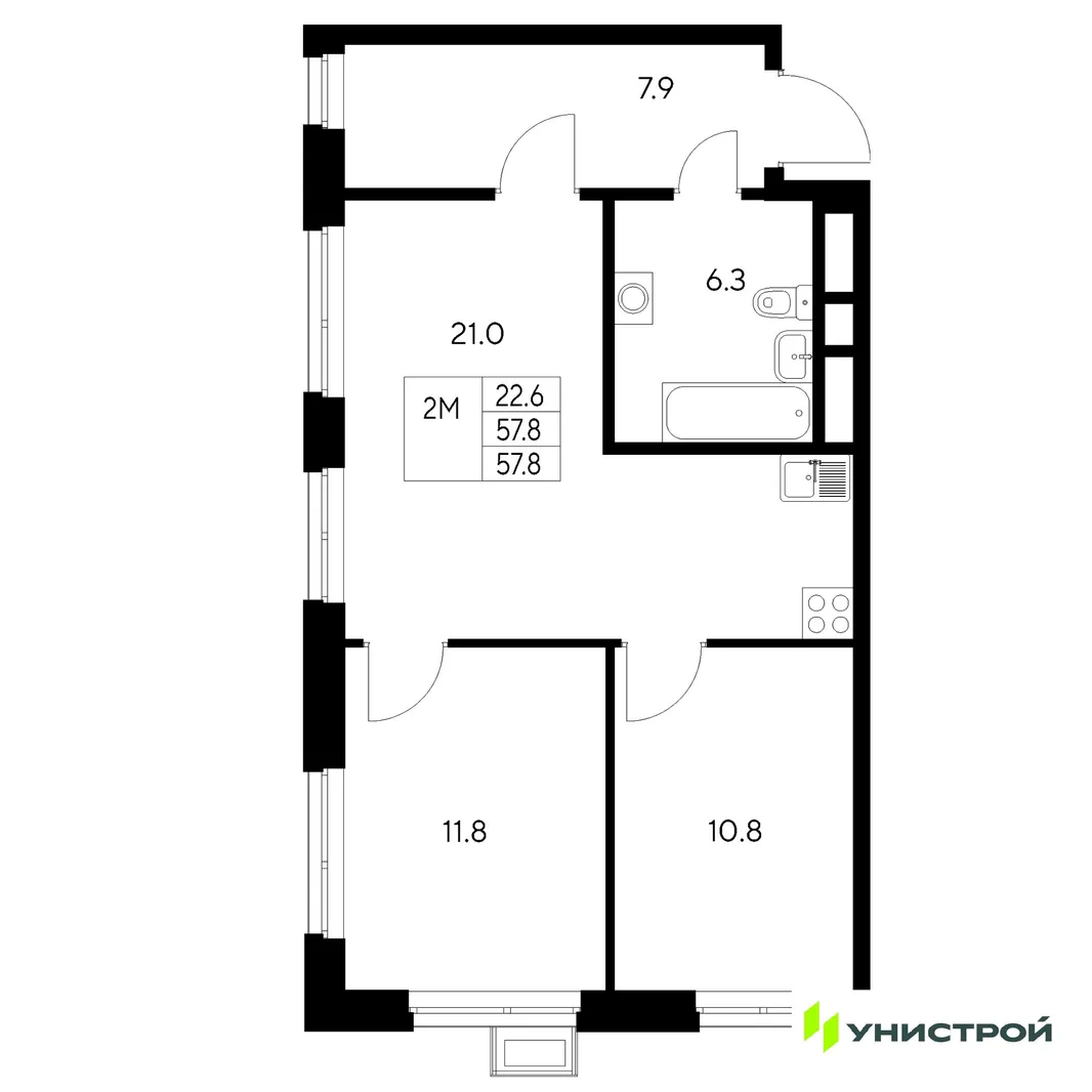 Планировка 2-комн. квартира, 57.8 м² ЖК «Стадиум»