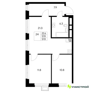 Планировка 2-комн. квартира, 57.8 м² ЖК «Стадиум»