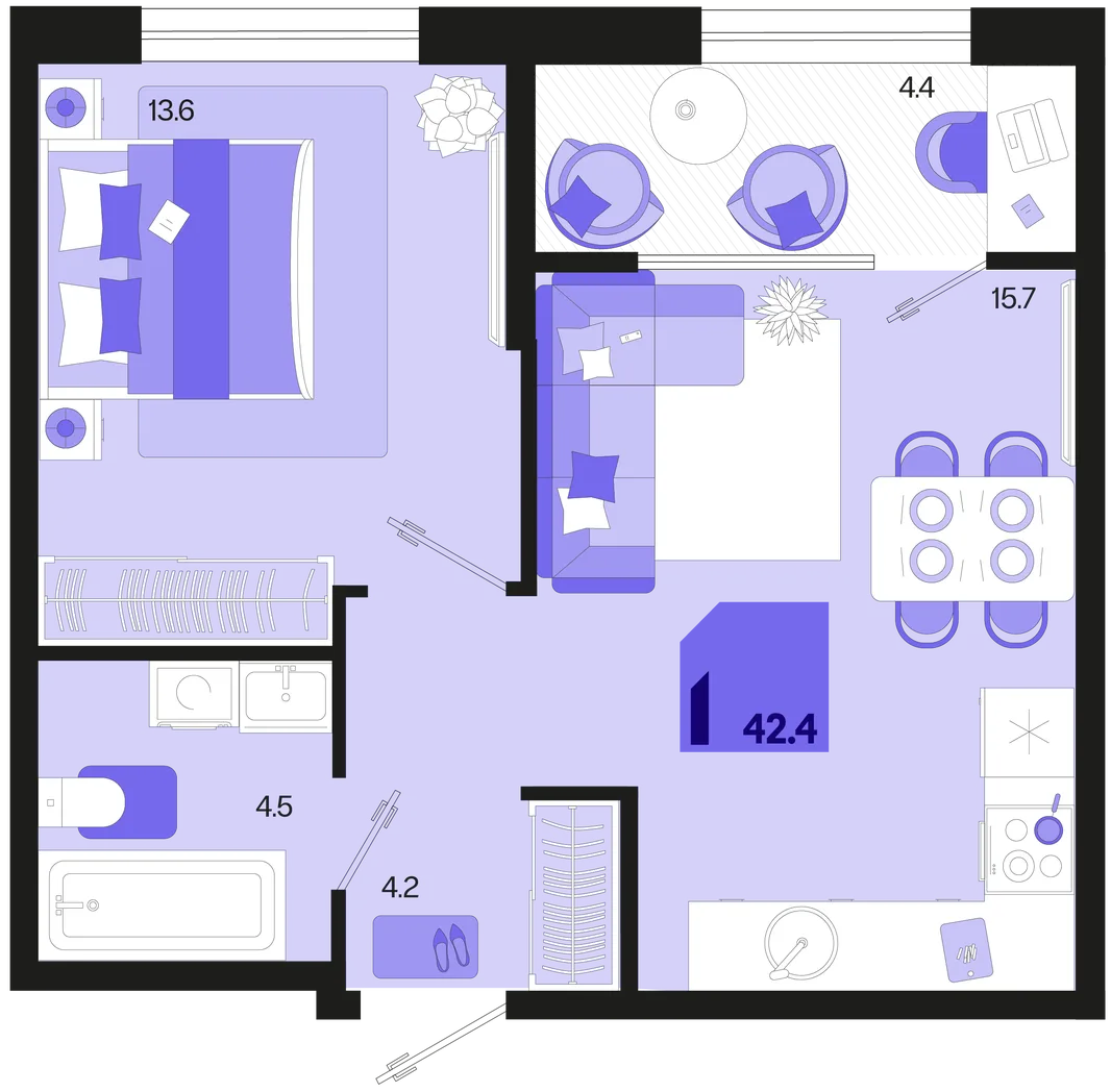 Планировка 1-комн. квартира, 42.4 м² ЖК «Первое место»