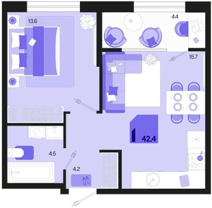Планировка 1-комн. квартира, 42.4 м² ЖК «Первое место»