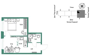Планировка 2-комн. квартира, 31.34 м² ЖК «Микрорайон Домашний»
