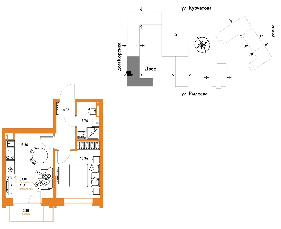 Планировка 1-комн. квартира, 34.26 м² ЖК «Остров-сад»