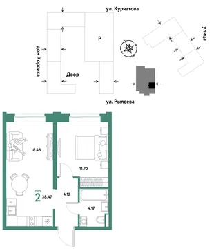 Планировка 2-комн. квартира, 38.47 м² ЖК «Остров-сад»