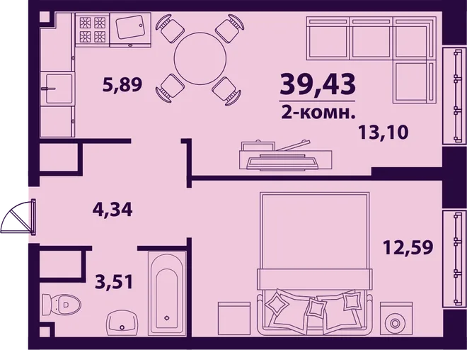 Планировка 2-комн. квартира, 39.43 м² ЖК «Сиреневый» Планировка 2-комн. квартира, 39.43 м² ЖК «Сиреневый»