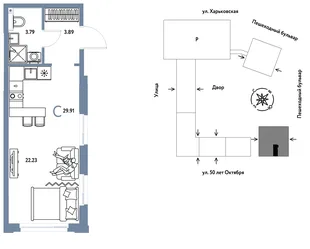 Планировка Студия, 29.91 м² ЖК «Сердце Сибири»