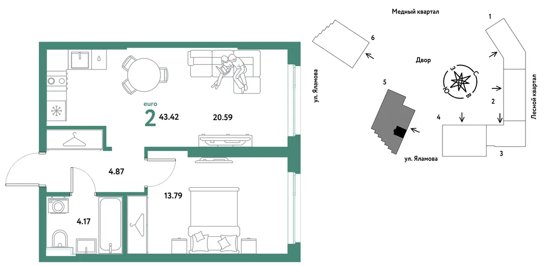 Планировка 2-комн. квартира, 43.42 м² ЖК «Сибирский сад»