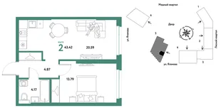Планировка 2-комн. квартира, 43.42 м² ЖК «Сибирский сад»