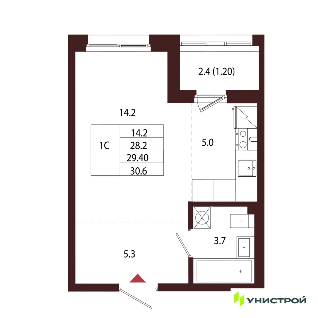 Планировка 1-комн. квартира, 29.4 м² ЖК «Лисино»