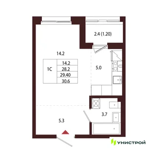 Планировка 1-комн. квартира, 29.4 м² ЖК «Лисино»