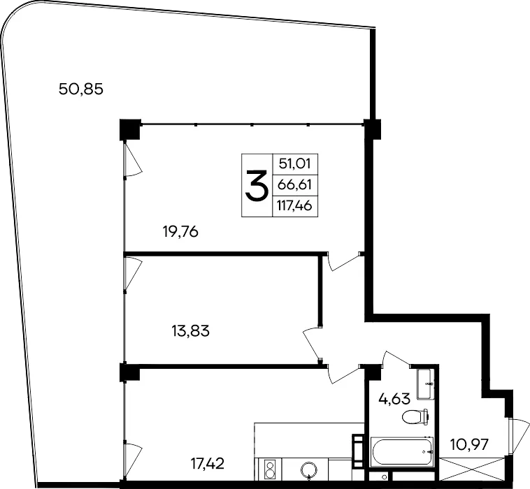 Планировка 3-комн. квартира, 117.46 м² Курортный кластер «САГА»