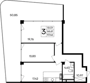 Планировка 3-комн. квартира, 117.46 м² Курортный кластер «САГА»