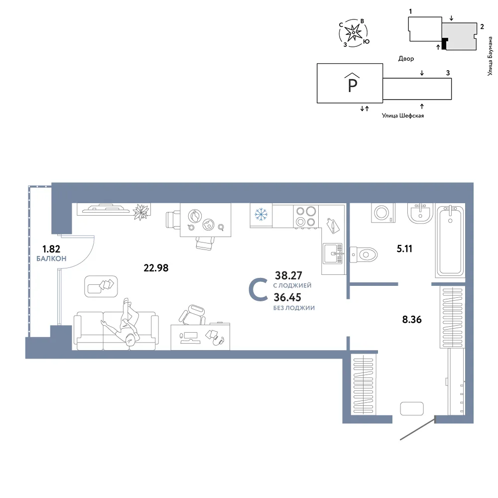 Планировка Студия, 38.27 м² ЖК «Страна.Энтузиастов»